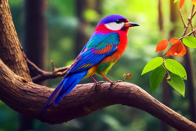 Photo oiseau coloré et rouge sur la branche dans la forêt