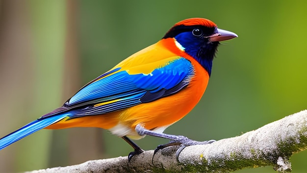 Un oiseau coloré se repose sur un fond de branche