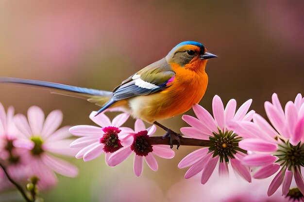 un oiseau coloré se trouve sur une fleur rose