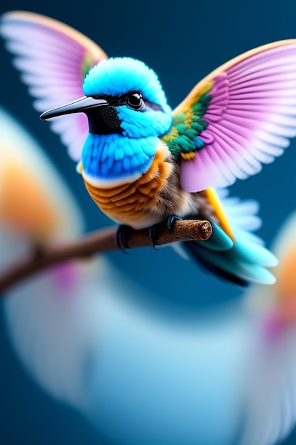 Un oiseau coloré avec une tête bleue et des ailes violettes est assis sur une branche.