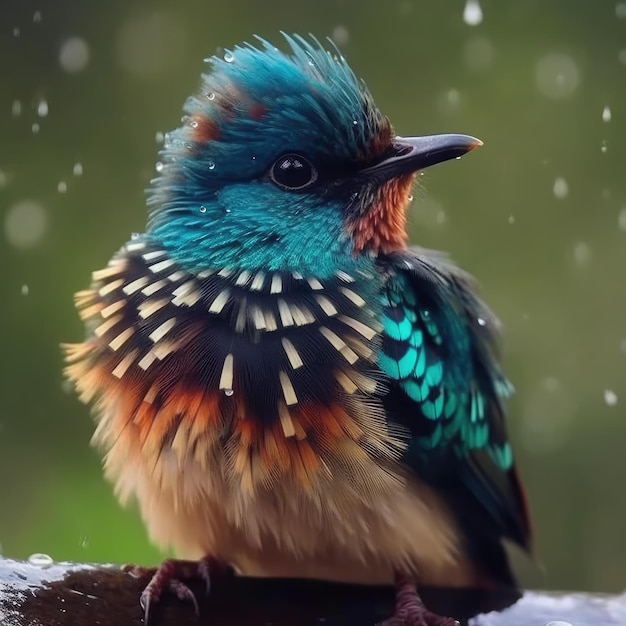 Un oiseau coloré avec une tête bleue et des plumes bleues est assis sur une branche dans la neige.