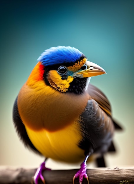 Un oiseau coloré avec une tête bleue et une tête jaune.