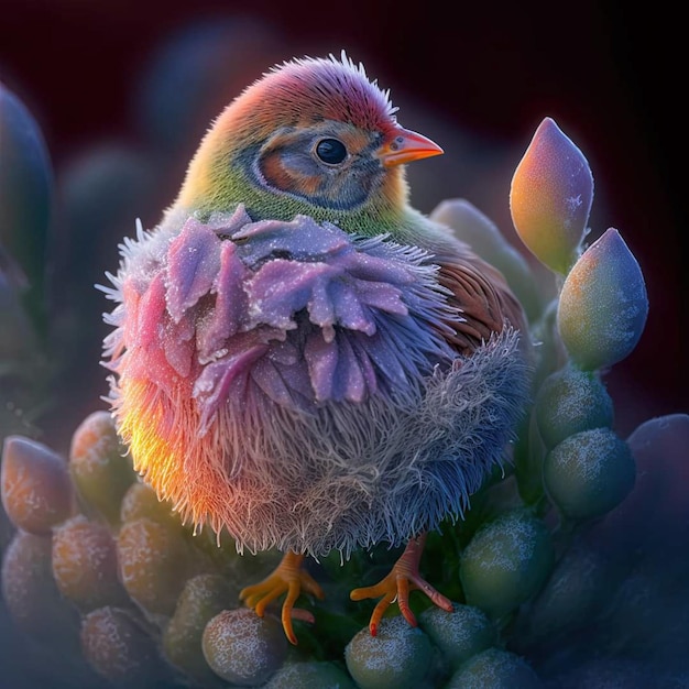 Un oiseau coloré avec une tête verte et des yeux bleus est assis sur un cactus.