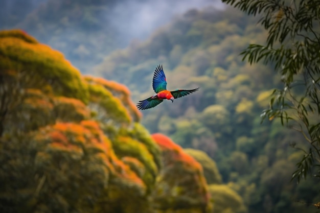 Oiseau coloré volant au-dessus de la forêt avec vue sur les arbres créés avec une IA générative