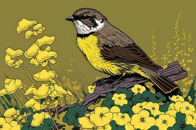 Oiseau en colza fleurs jaunes
