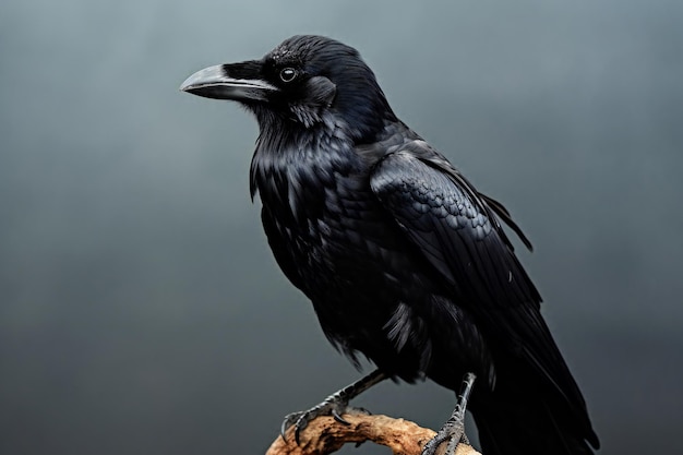 Oiseau de corbeau noir sur un fond gris Plumes noires Corbeau noir