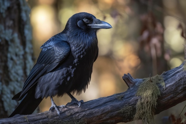 Oiseau corbeau perché sur une branche d'arbre AI générative