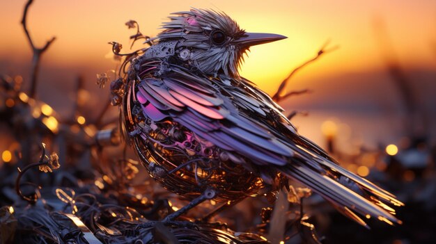 L'oiseau de couleur dorée fait de métal est debout image fantastique Ai généré de l'art