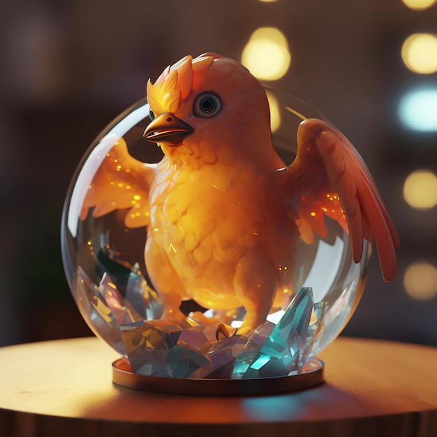 Un oiseau dans un bol en verre avec un oiseau à l'intérieur.