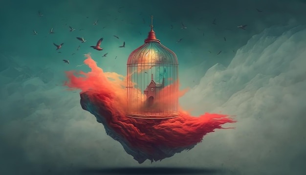 Un oiseau dans une cage le concept de liberté Illustration créative Ai Générer