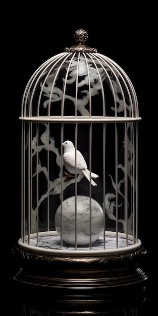 Photo un oiseau dans une cage avec un oiseau blanc dessus