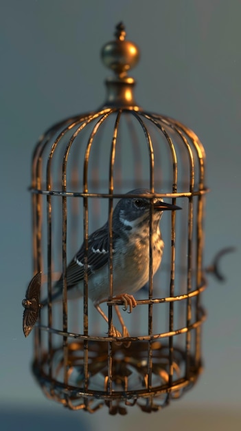 un oiseau dans une cage qui a un anneau d'or autour de lui