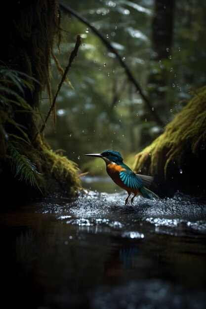 Un oiseau dans un ruisseau avec un oiseau vert et bleu dessus