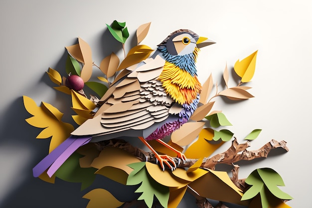 Un oiseau découpé en papier est assis sur une branche avec des feuilles