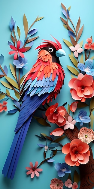 Un oiseau découpé en papier avec un fond rouge et bleu