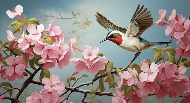 Photo oiseau délicat parmi les fleurs de cerisier peinture magnifique d'un petit oiseau qui plane