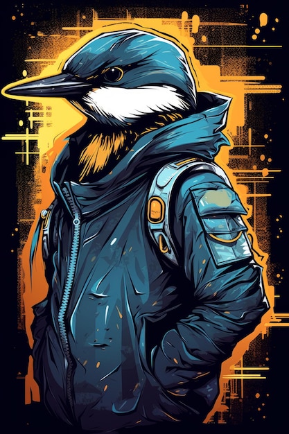 Un oiseau de dessin animé avec une veste noire et une veste bleue.