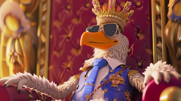 Oiseau DODO portant une cravate avec une couronne et des lunettes de soleil assis sur un trône Generative Ai
