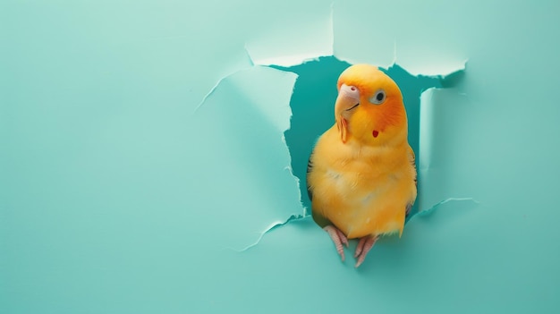 Un oiseau drôle regarde à travers un trou déchiré dans un fond de papier de couleur pastel vibrant
