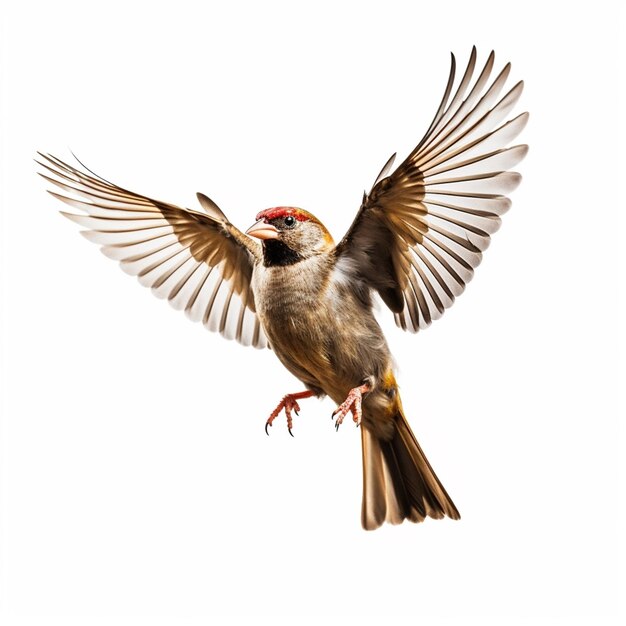 Un oiseau avec du rouge sur le visage vole dans les airs.