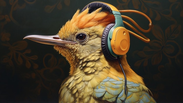 Un oiseau avec des écouteurs et un écouteur.