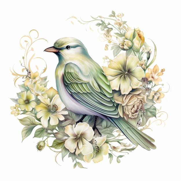 Un oiseau est assis sur un arrangement floral avec des fleurs jaunes.