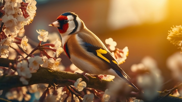 Un oiseau est assis sur une branche d'un arbre avec le soleil qui brille à travers les branches.