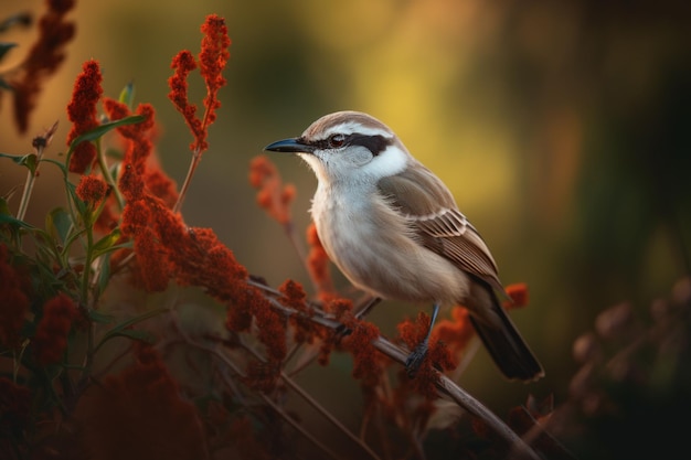 Un oiseau est assis sur une branche avec un arrière-plan flou.