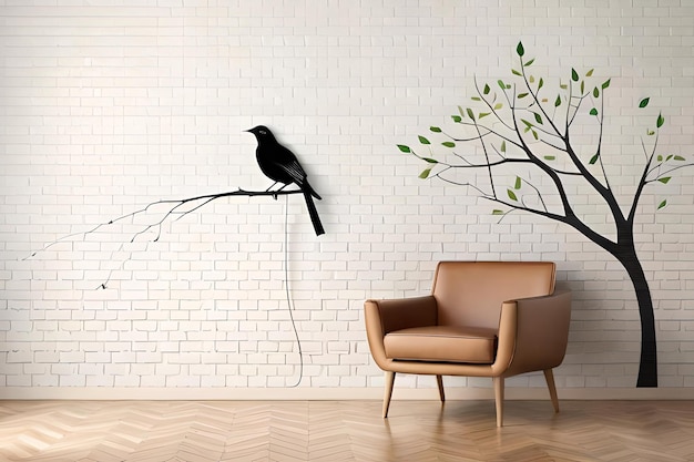 Un oiseau est assis sur une branche au-dessus d'une chaise.