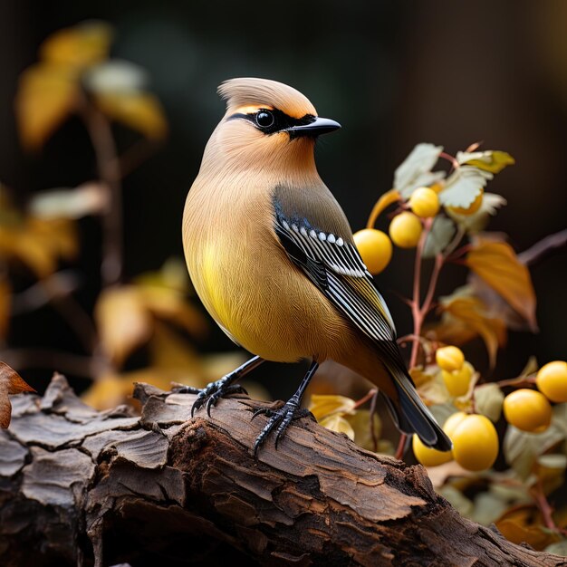 un oiseau est assis sur une branche avec des baies en arrière-plan