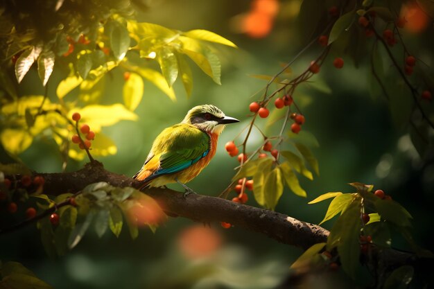 Un oiseau est assis sur une branche avec des baies rouges en arrière-plan