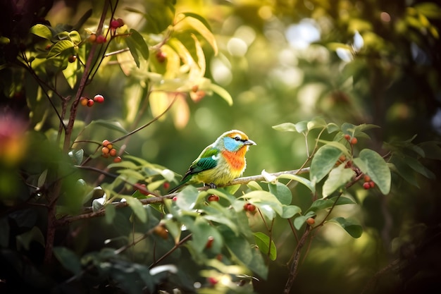 Un oiseau est assis sur une branche avec des baies rouges en arrière-plan.