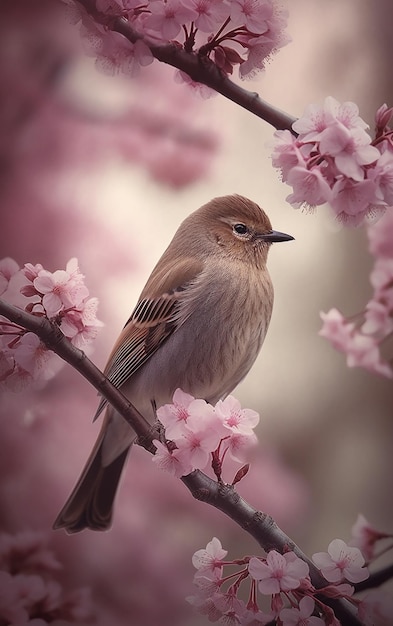 Un oiseau est assis sur une branche d'un cerisier en fleurs.