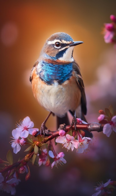 Un oiseau est assis sur une branche d'un cerisier en fleurs.