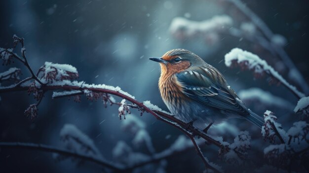 Un oiseau est assis sur une branche couverte de neige.