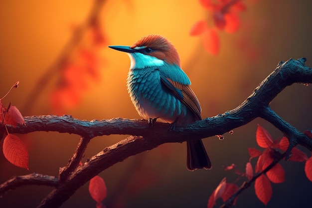 Un oiseau est assis sur une branche avec des feuilles rouges en arrière-plan.