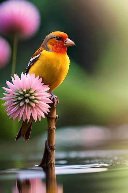 Un oiseau est assis sur une branche avec une fleur rose en arrière-plan.