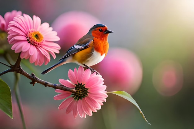 Un oiseau est assis sur une branche avec des fleurs en arrière-plan.