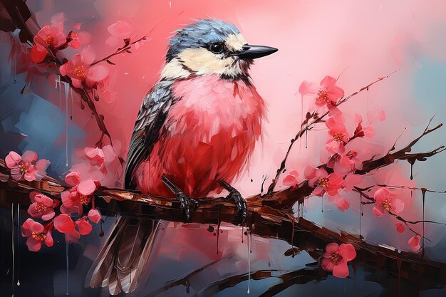 un oiseau est assis sur une branche avec des fleurs de cerisier en arrière-plan.