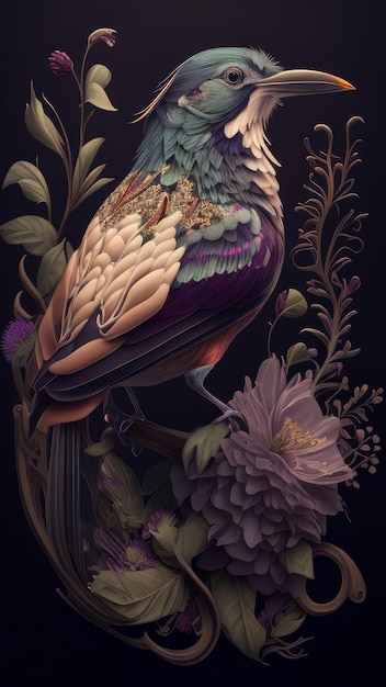 Un oiseau est assis sur une branche avec des fleurs et un oiseau violet dessus.