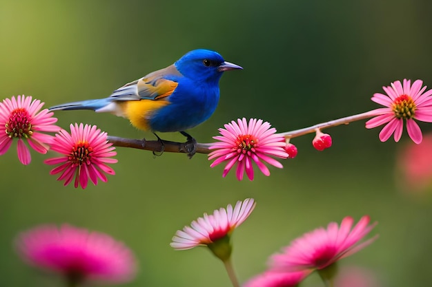 Un oiseau est assis sur une branche avec des fleurs roses.