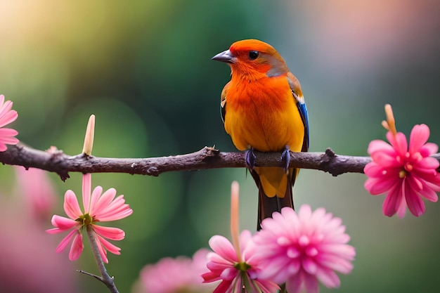 Un oiseau est assis sur une branche avec des fleurs roses.