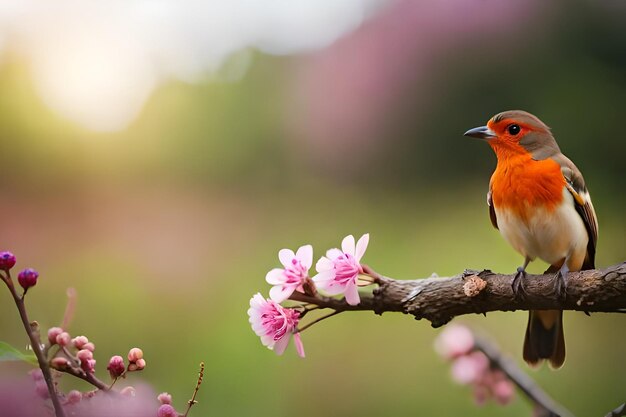 Un oiseau est assis sur une branche avec des fleurs roses.