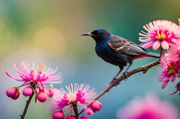 Un oiseau est assis sur une branche avec des fleurs roses.