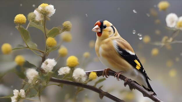 un oiseau est assis sur une branche avec les gouttes d'eau en arrière-plan