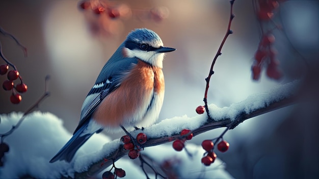 Un oiseau est assis sur une branche recouverte de neige.