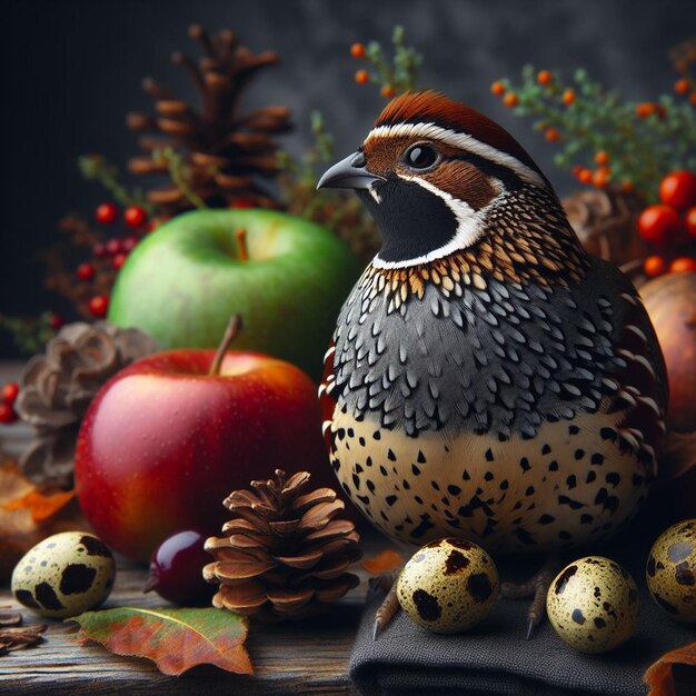 un oiseau est assis à côté d'une pomme et d'une apple