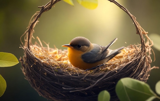 Un oiseau est assis dans un nid avec un nid sur le dessus.