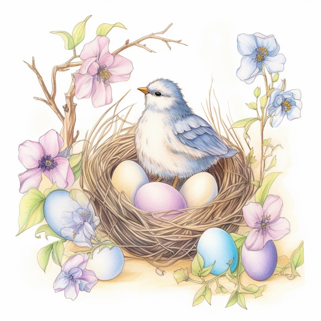 Un oiseau est assis dans un nid avec des œufs et des fleurs.