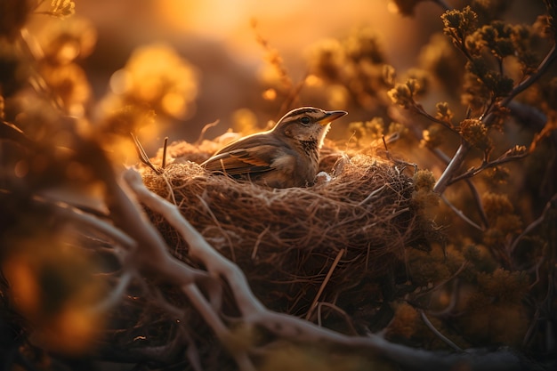 Un oiseau est assis dans un nid avec le soleil qui brille dessus.